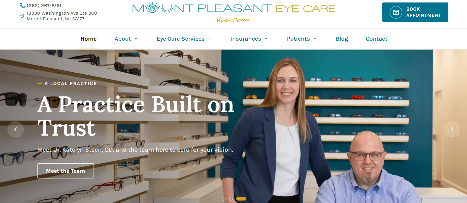Mount Pleasant Eye Care's new website homepage, showing the practice logo, phone number, a Book Appointment button, and the doctor and team in the optical shop