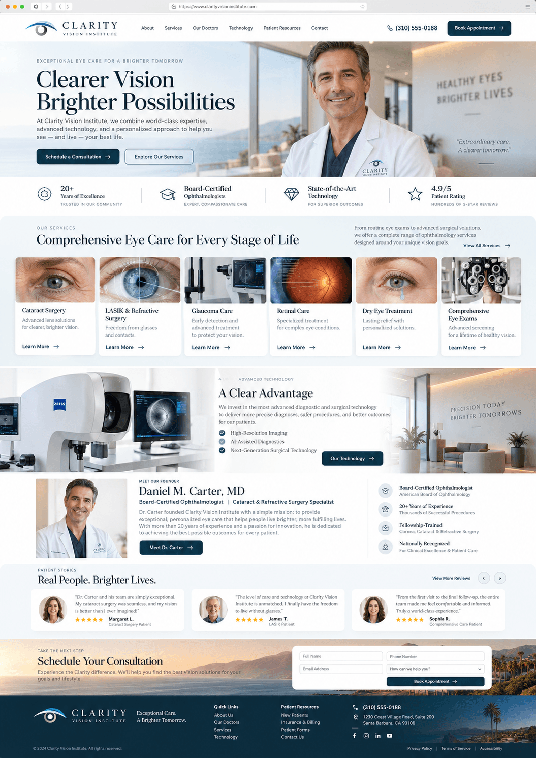 After: AltOptix redesign concept for an ophthalmology practice, with a clear headline, booking button, and trust signals