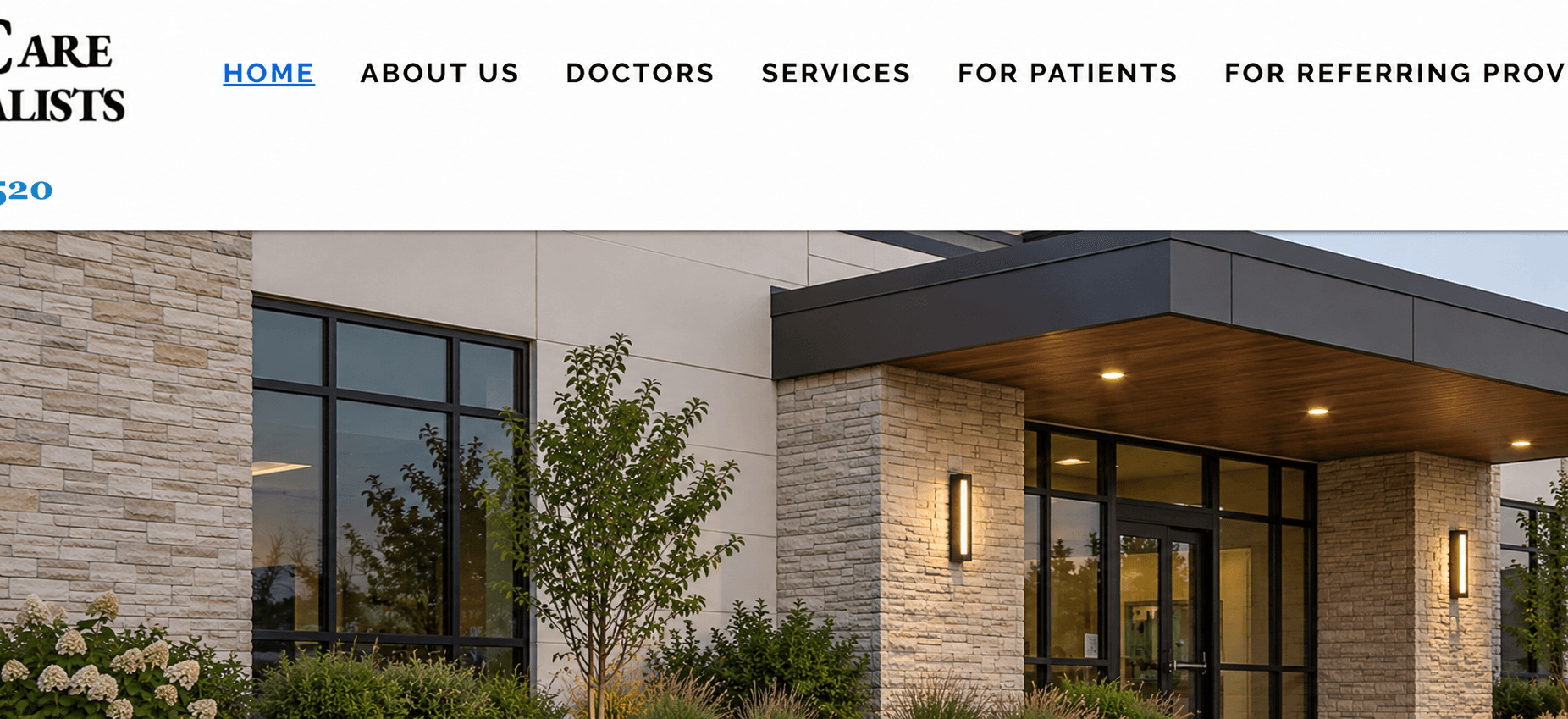 Before: the live website of a real ophthalmology practice, with a cluttered header and no clear way to book